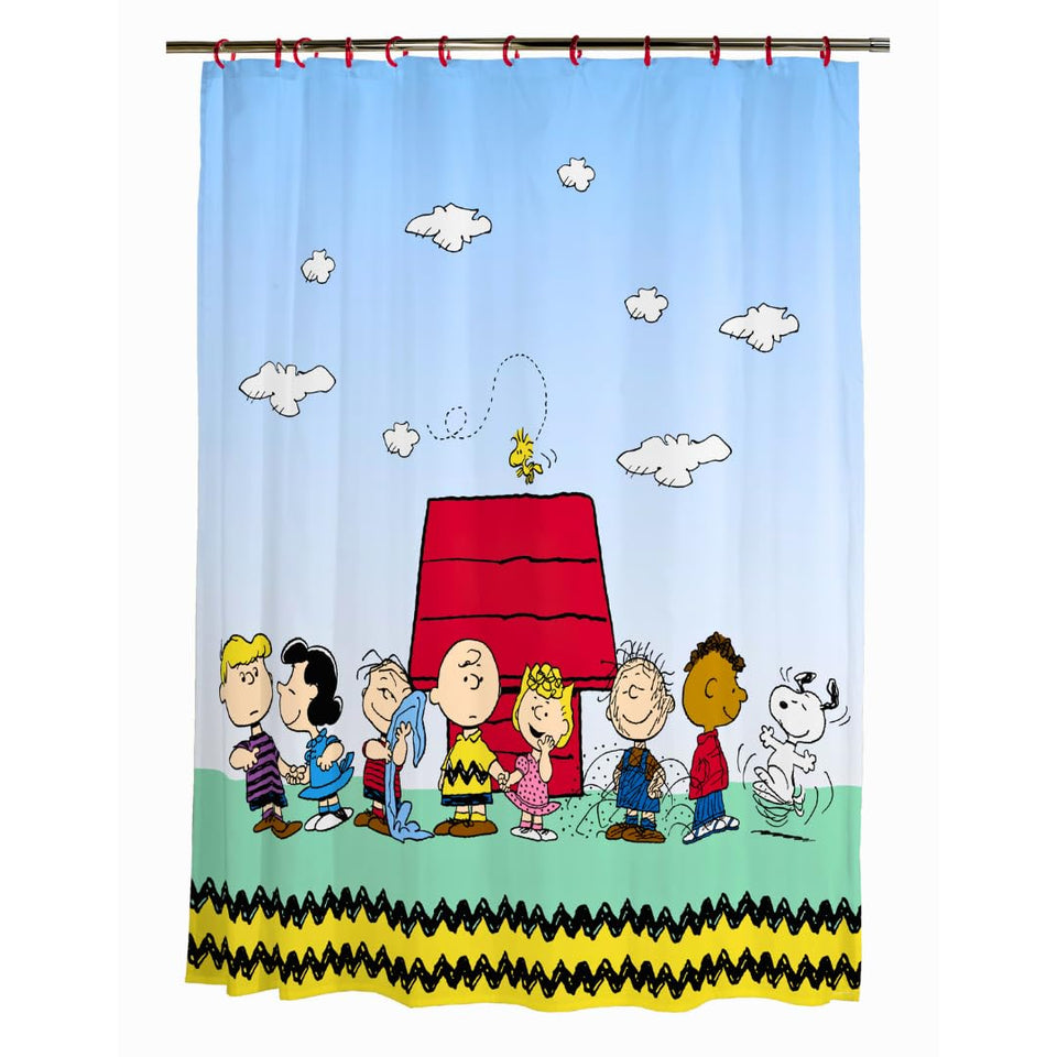 Franco Peanuts curtain panel 72x72 with the full cast for family bathroom decor