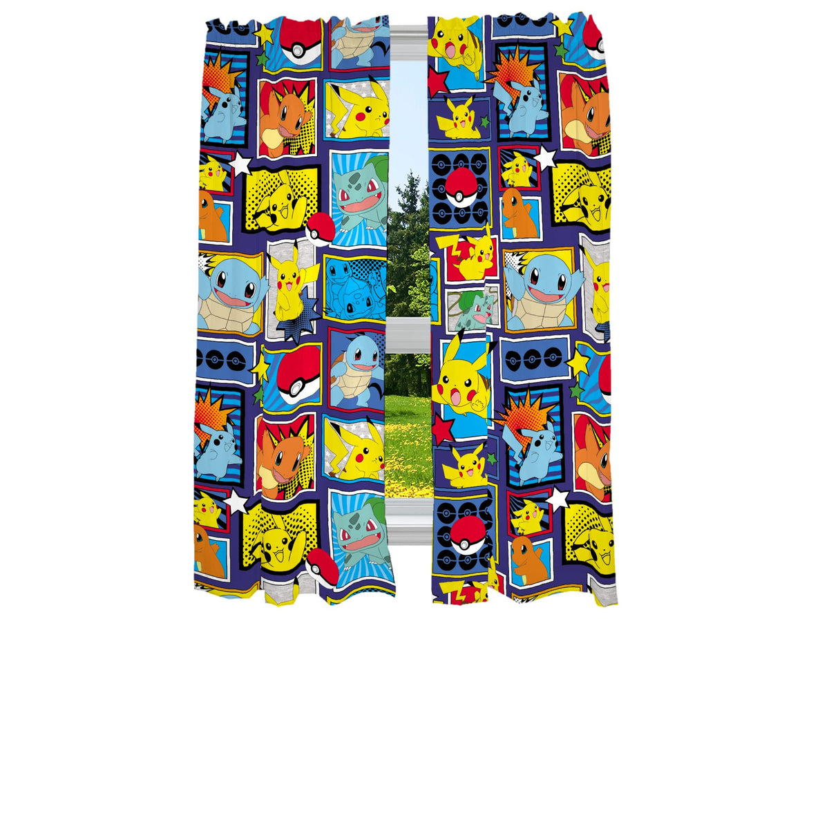 Franco Pokemon curtains with Pikachu on blue background for a playful kid's room.