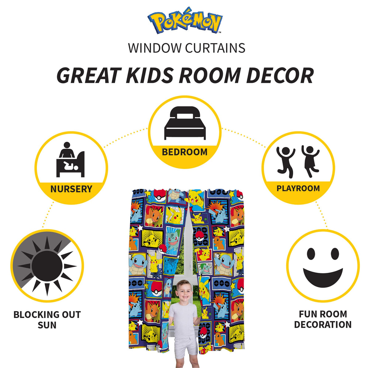 Franco Pokemon curtains with Squirtle on blue background for privacy and style.