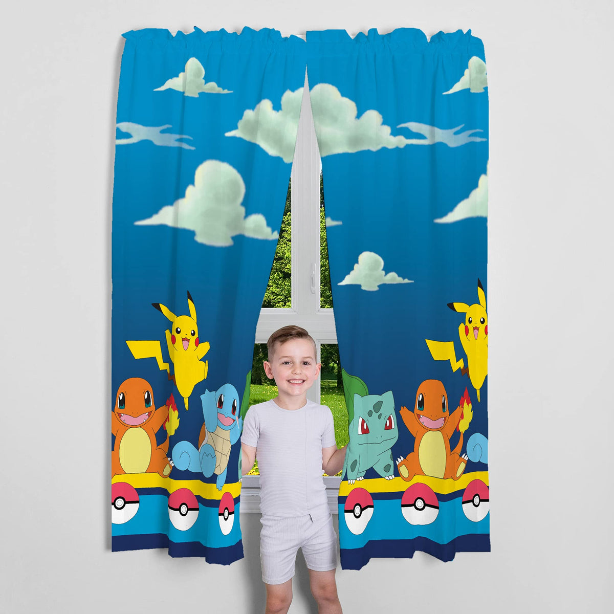 Franco Pokémon Gamer curtains with Poké Balls provide themed privacy and soft daylight diffusion.