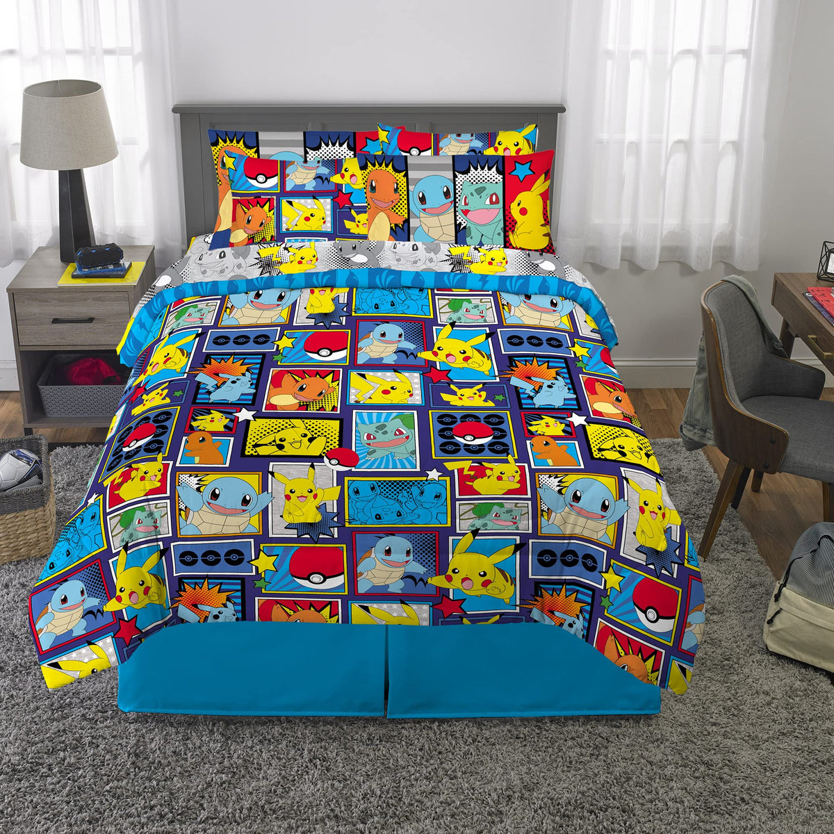 Franco Pokémon Pikachu pillow shams complement the reversible comforter with a cohesive look.