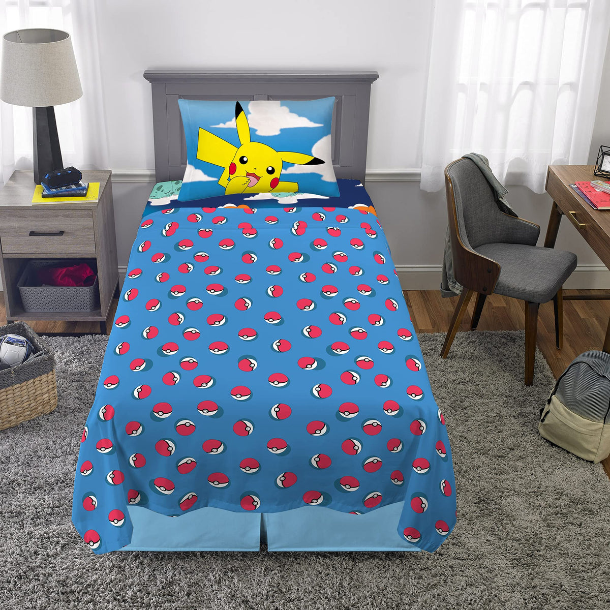 Franco Pokemon room idea shows a cozy twin bedding setup in action.
