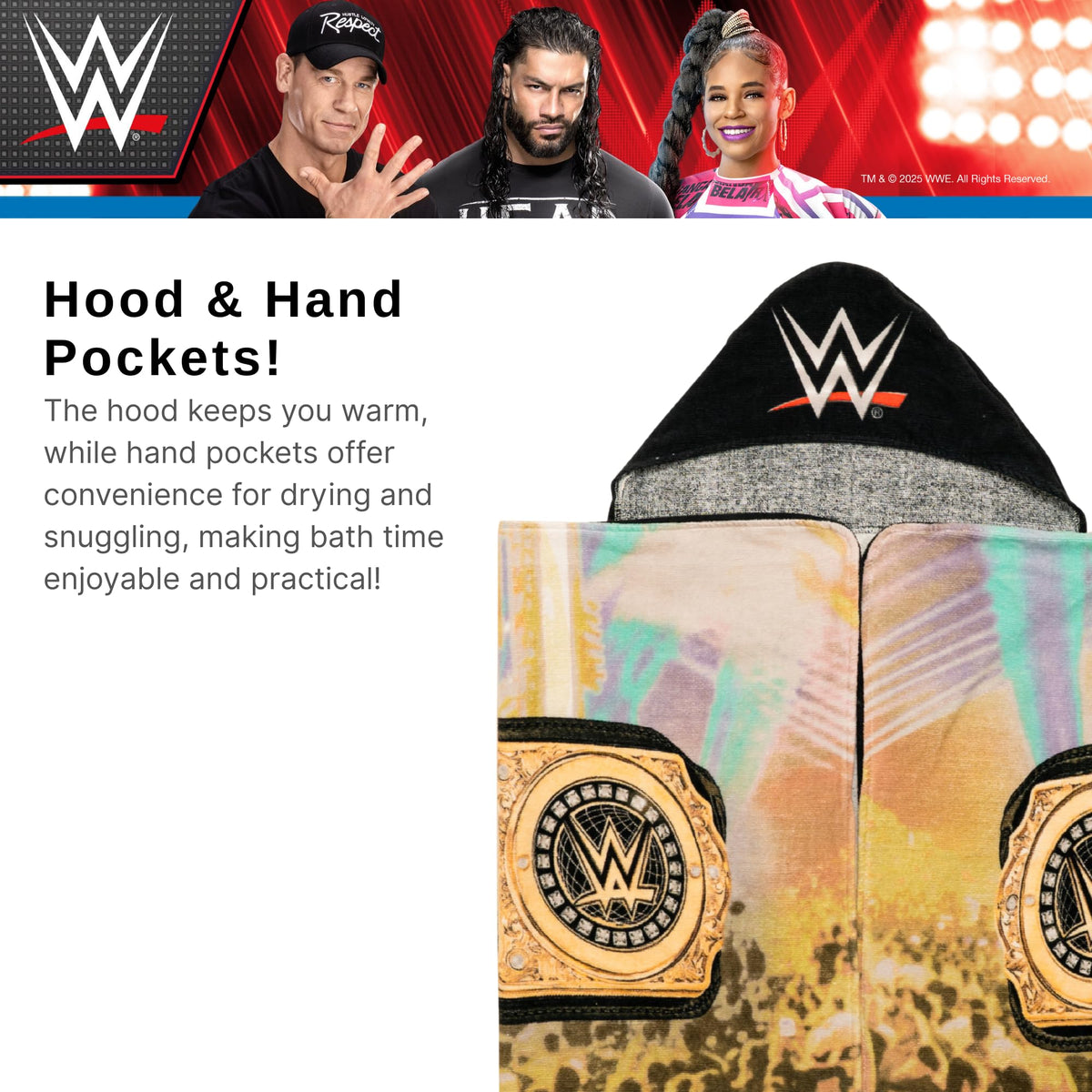 Franco hooded towel showcases WWE design, ideal for lounging after showers.