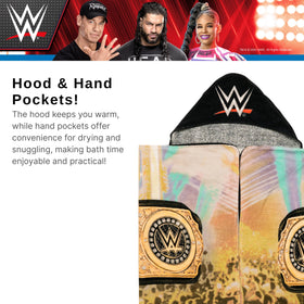 Franco hooded towel showcases WWE design, ideal for lounging after showers.