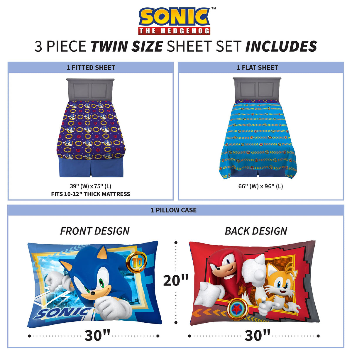 Franco Sonic group-art pillowcase adds vibrant detail to any bed.