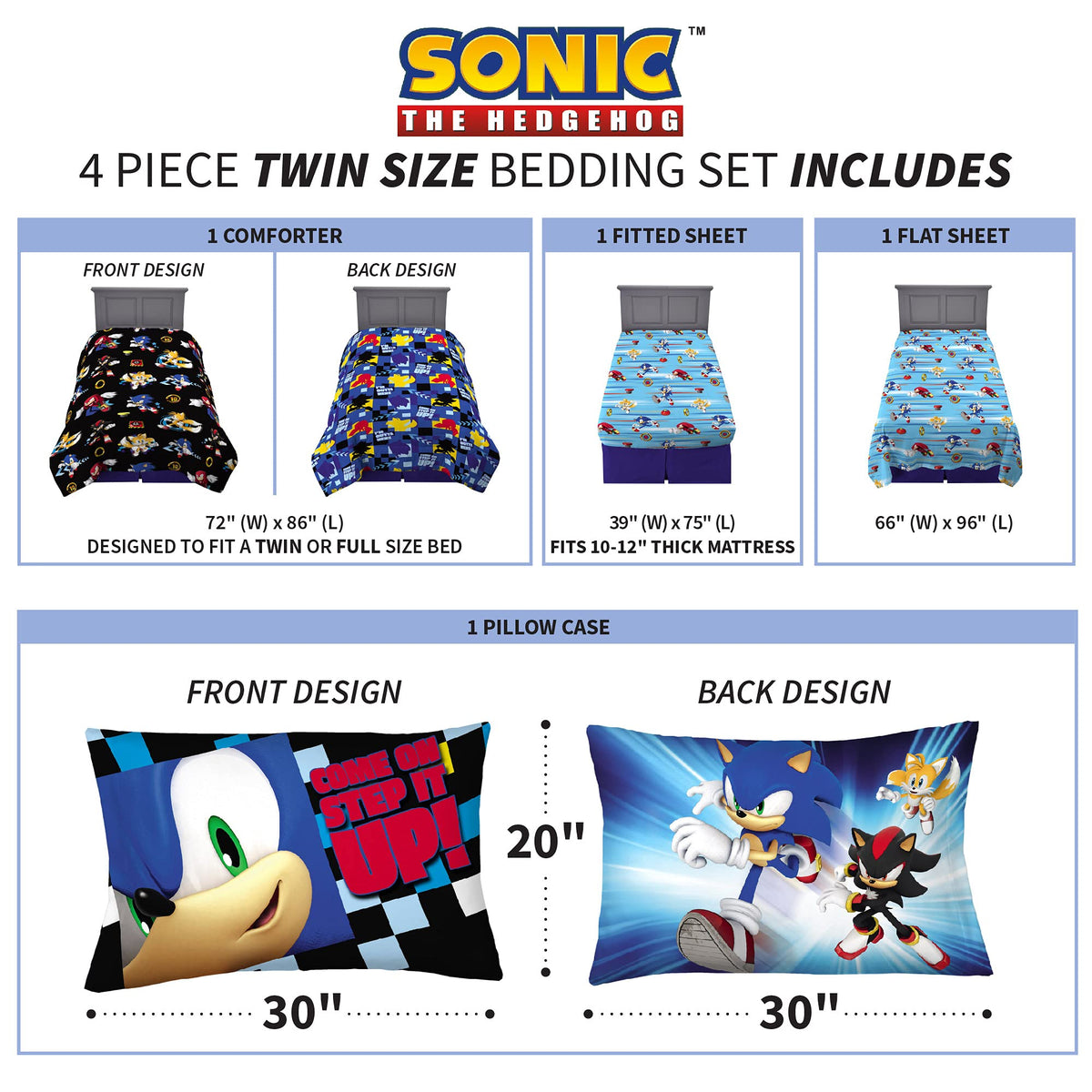 Franco Sonic Hedgehog bedding set packaging highlights twin size and easy care.