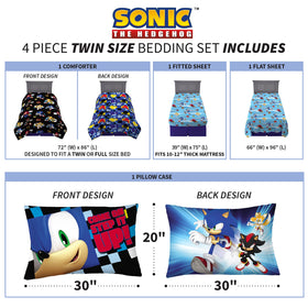 Franco Sonic Hedgehog bedding set packaging highlights twin size and easy care.