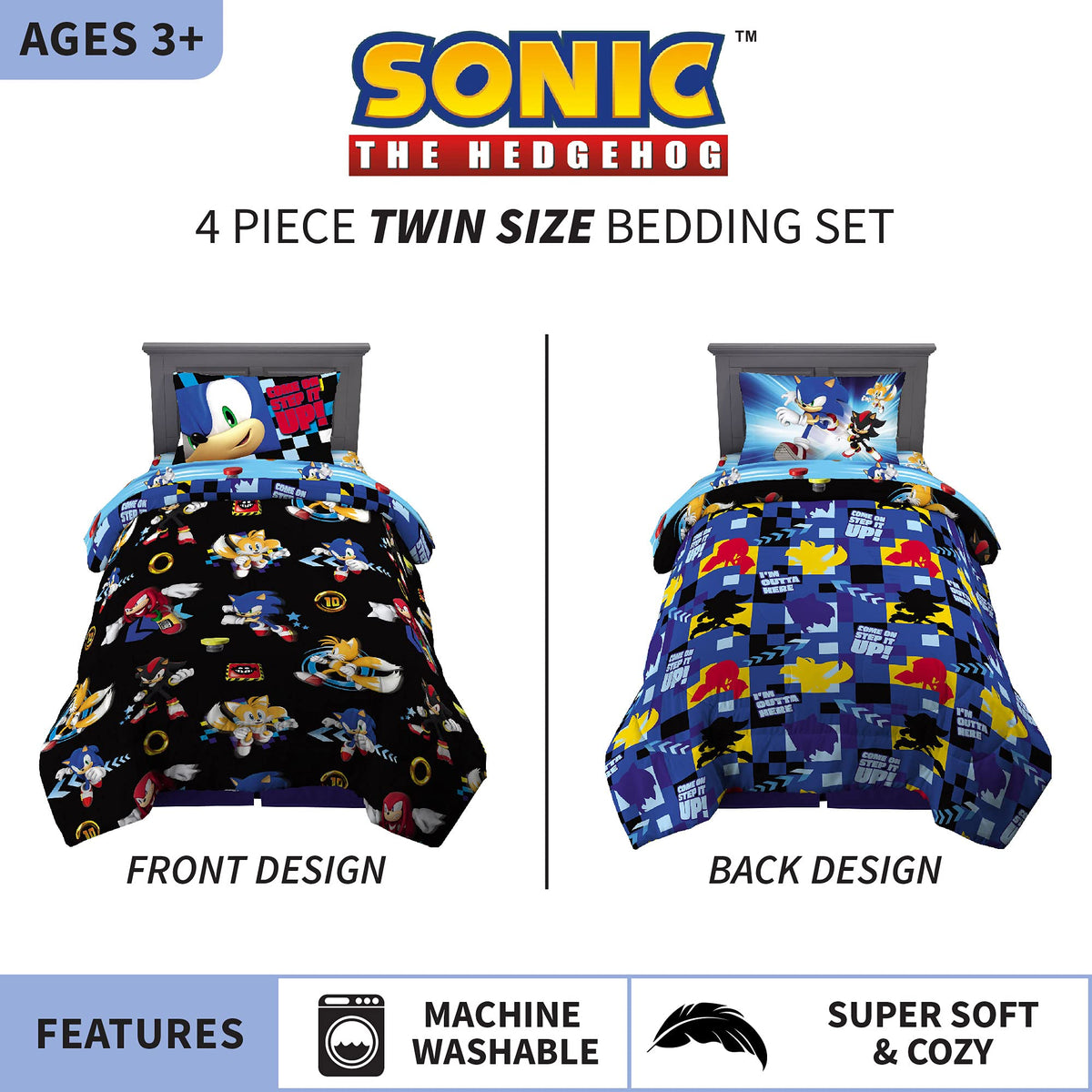 Franco Sonic Hedgehog comforter reverse pattern shows silhouettes on blue for versatile decor.