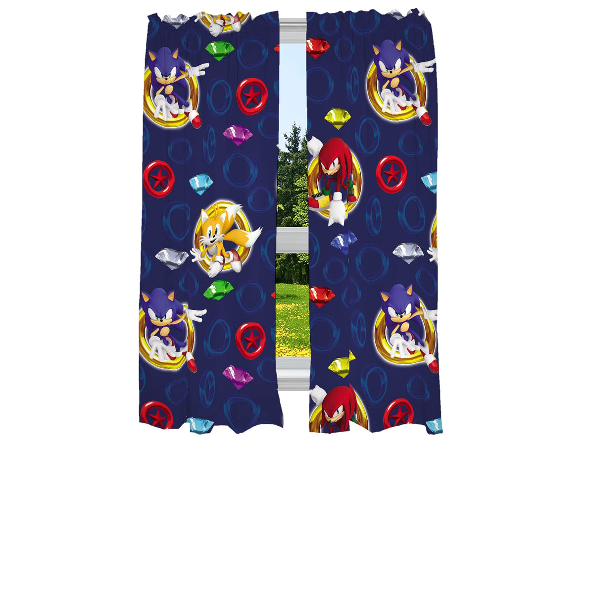 Franco Sonic Hedgehog curtains with hero trio on blue background for a playful kids' room.