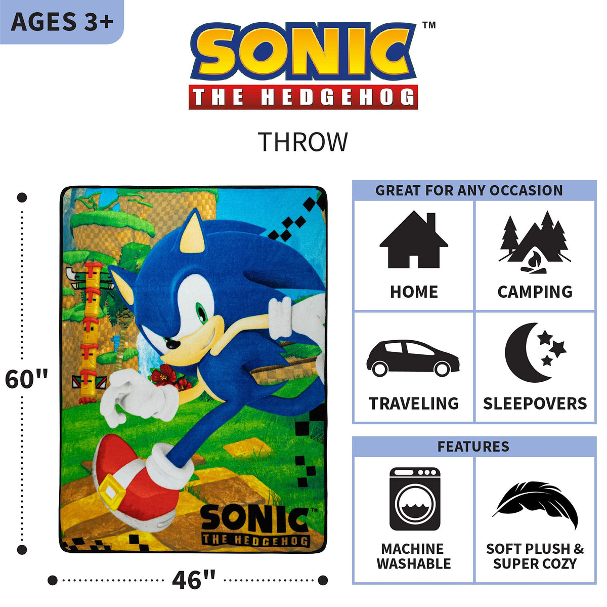 Franco Sonic Hedgehog design throw with bold colors for playtime and travel