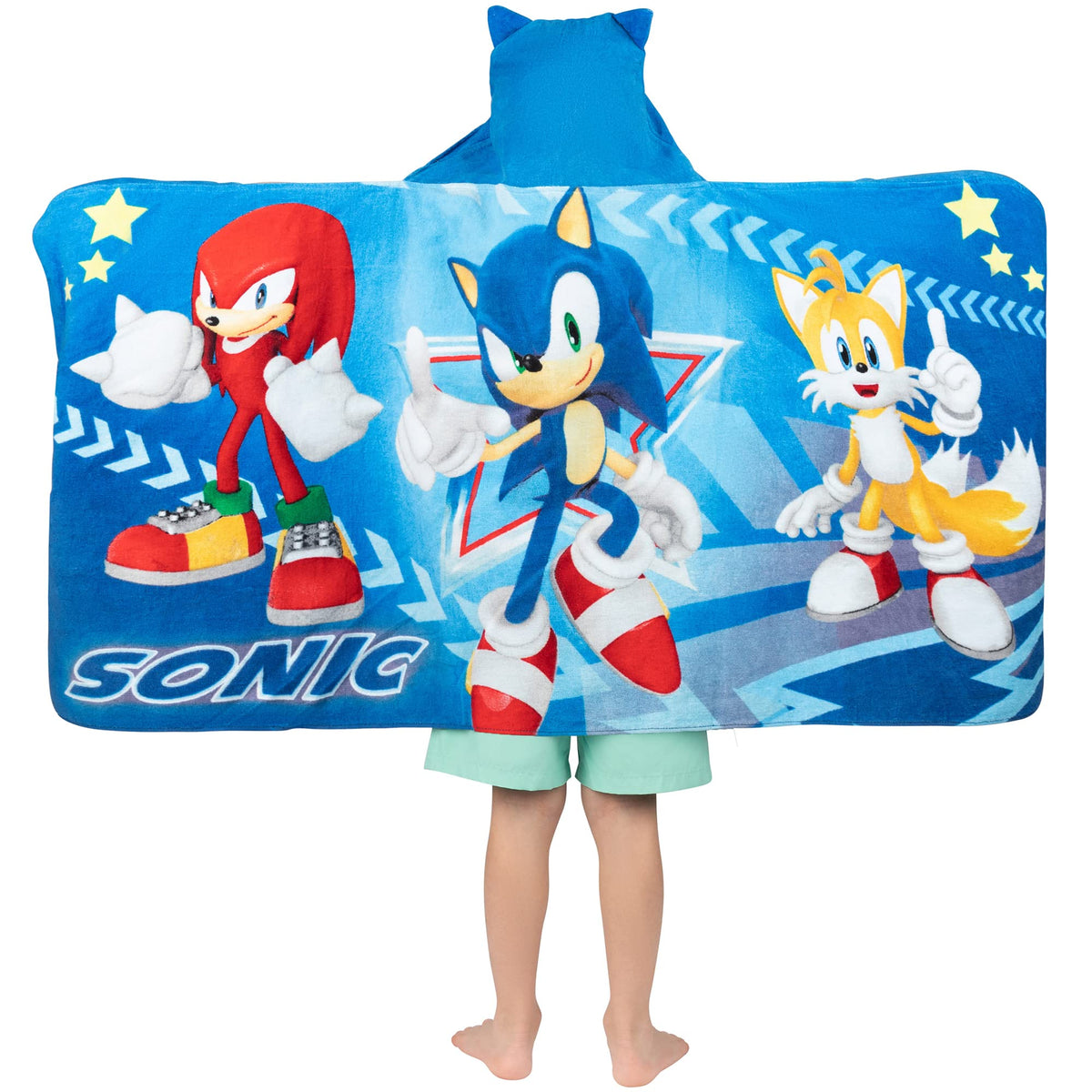 Franco Sonic hooded towel wrap blue background for imaginative bath or pool time.