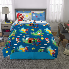 Franco Super Mario bedding sheets and pillowcases showcase colorful character designs for easy coordination