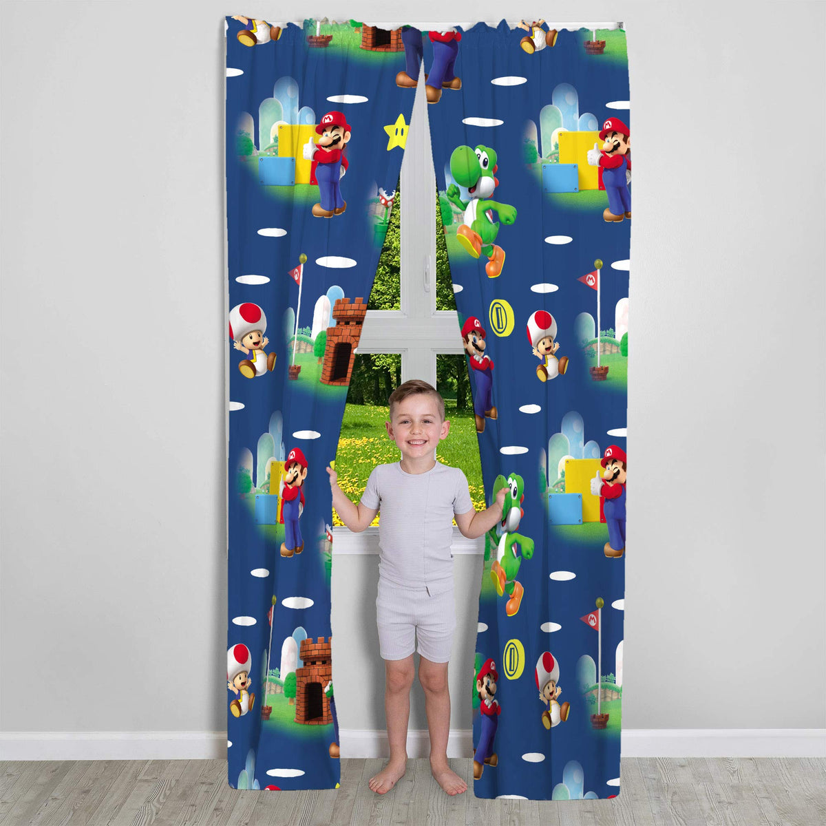 Franco Super Mario curtains with Mario characters brighten a child's bedroom while filtering light.