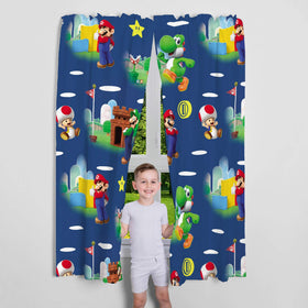 Franco Super Mario curtains pattern closeup shows Mario and friends on a bold blue background.
