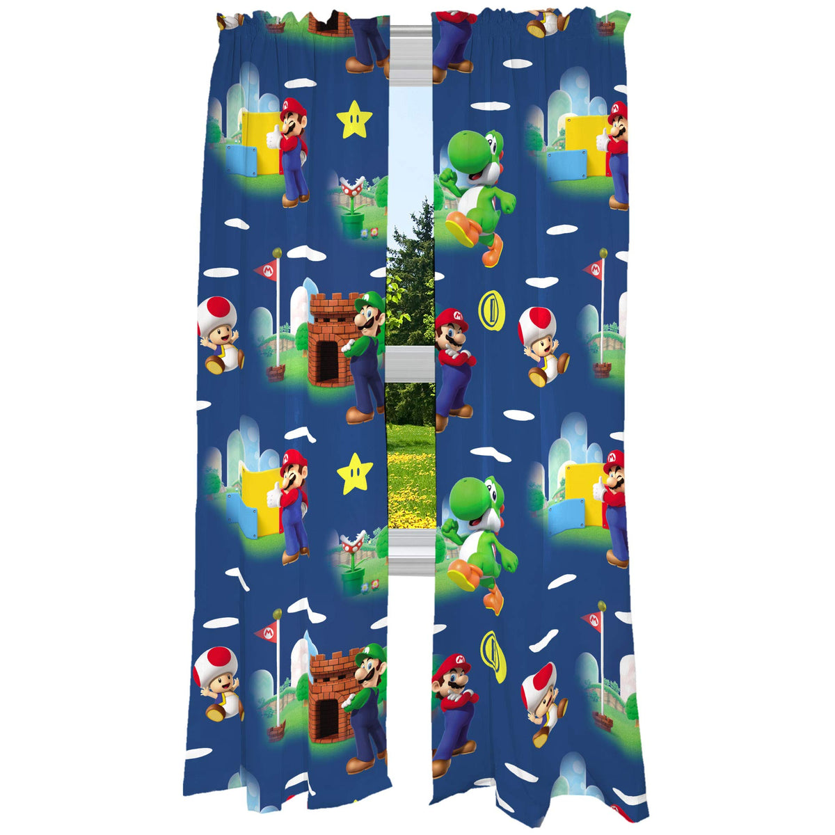 Franco Super Mario curtains featuring Plumber Mario on blue background for playful privacy.