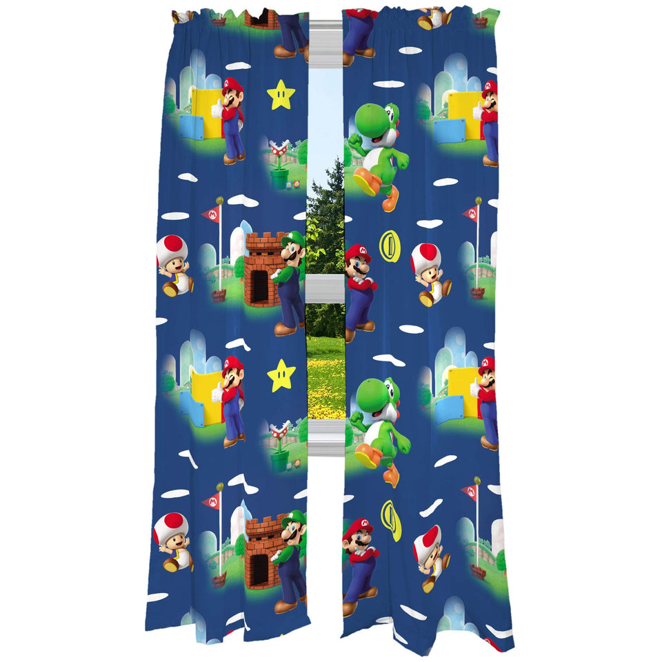 Franco Super Mario curtains featuring Plumber Mario on blue background for playful privacy.