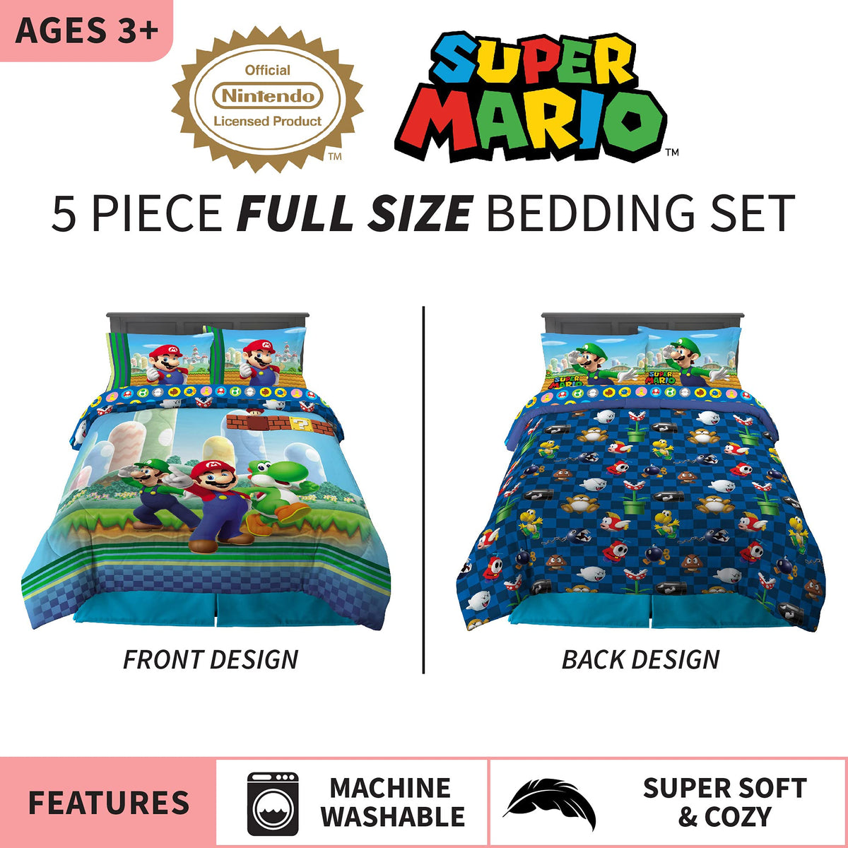 Franco Super Mario flat sheet shows coordinating character art in bold colors