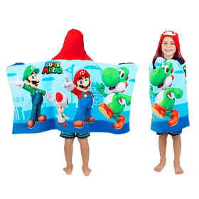 Franco Super Mario hooded towel wrap on blue background, soft cotton terry for post-swim drying.
