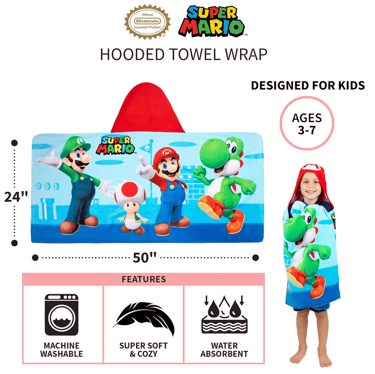 Franco Super Mario hooded towel worn by a kid at poolside.