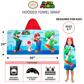 Franco Super Mario hooded towel worn by a kid at poolside.
