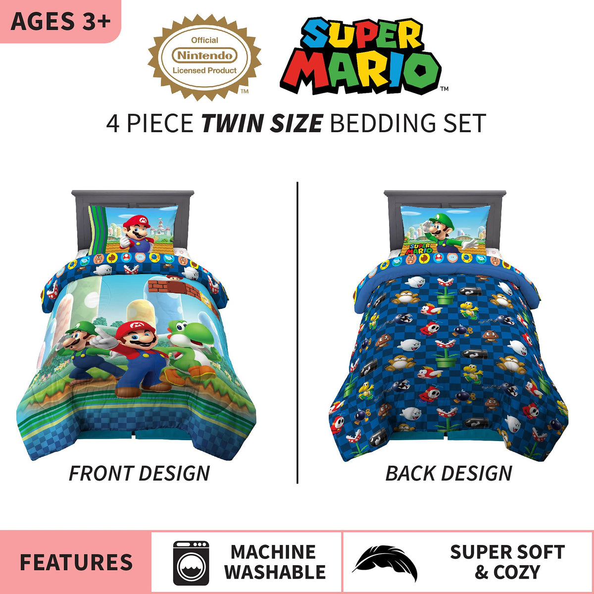 Franco Super Mario fitted sheet provides cozy, kid-friendly sleep surface.
