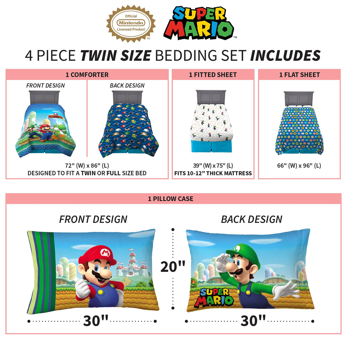 Franco Super Mario flat sheet with colorful characters on blue background for playful atmosphere.