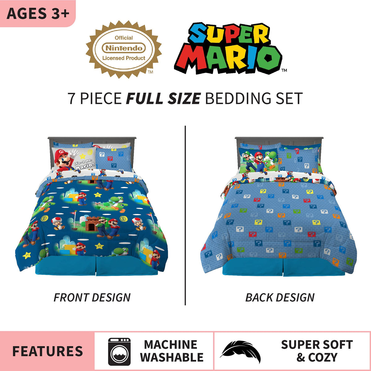 Franco Super Mario full-size sheets with vibrant prints for easy cleanup and color play