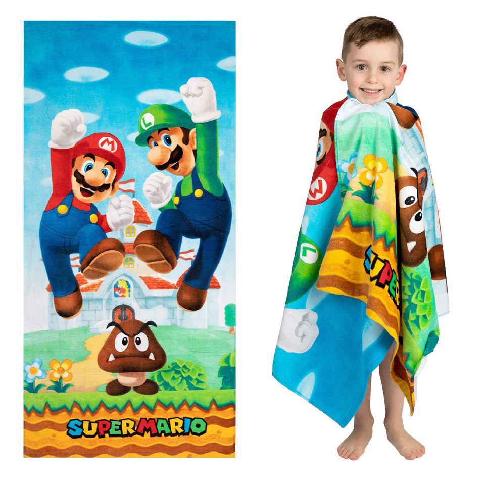 Franco Super Mario towel design featuring Mario, Luigi and Goomba for playful bath time.