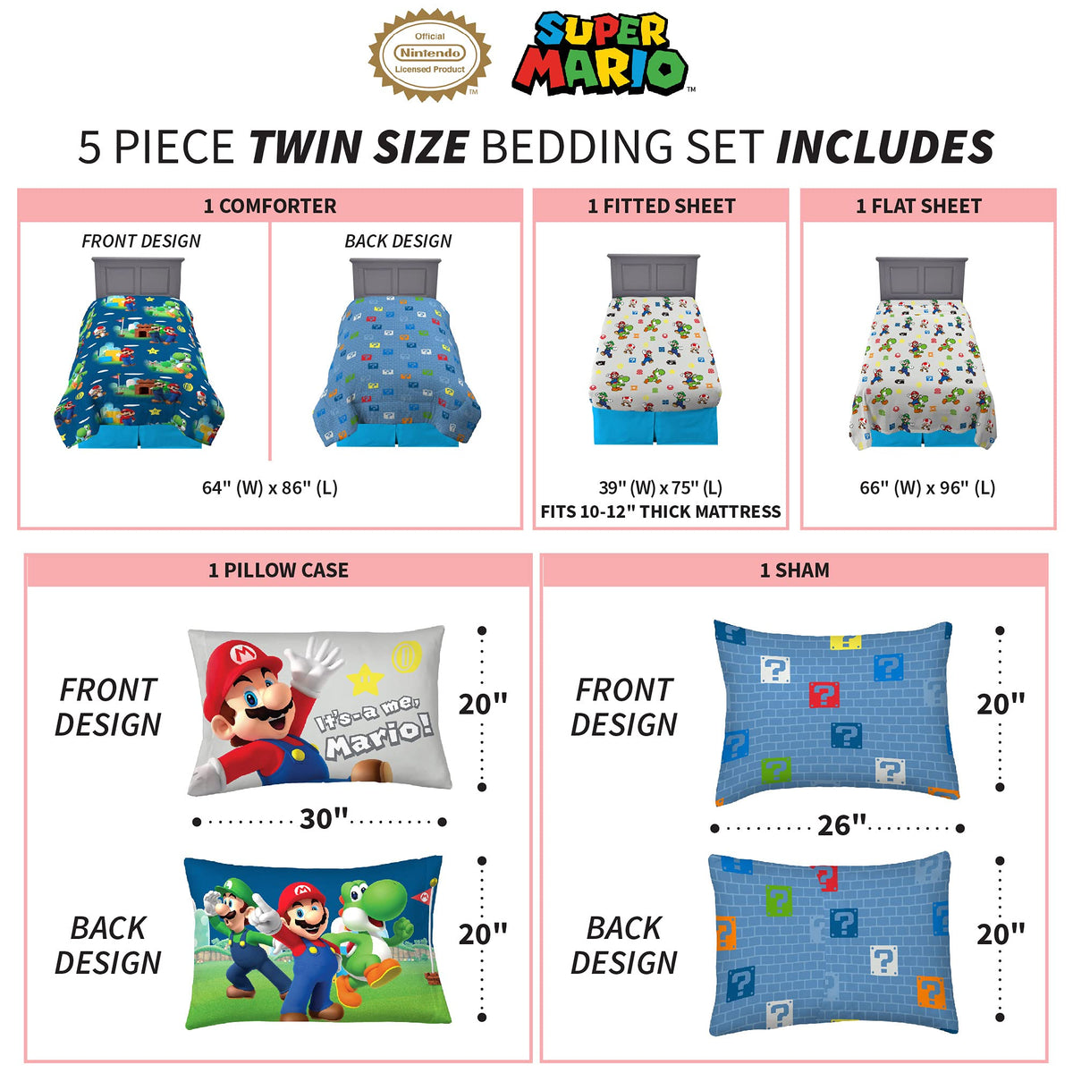 Franco Super Mario twin pillowcases and sham set to simplify bedmaking.