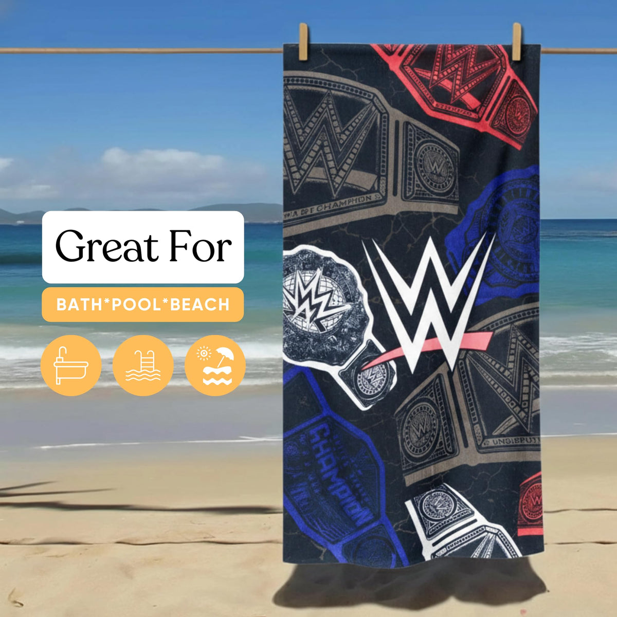 Franco WWE towel laid flat by pool highlights size and comfort.