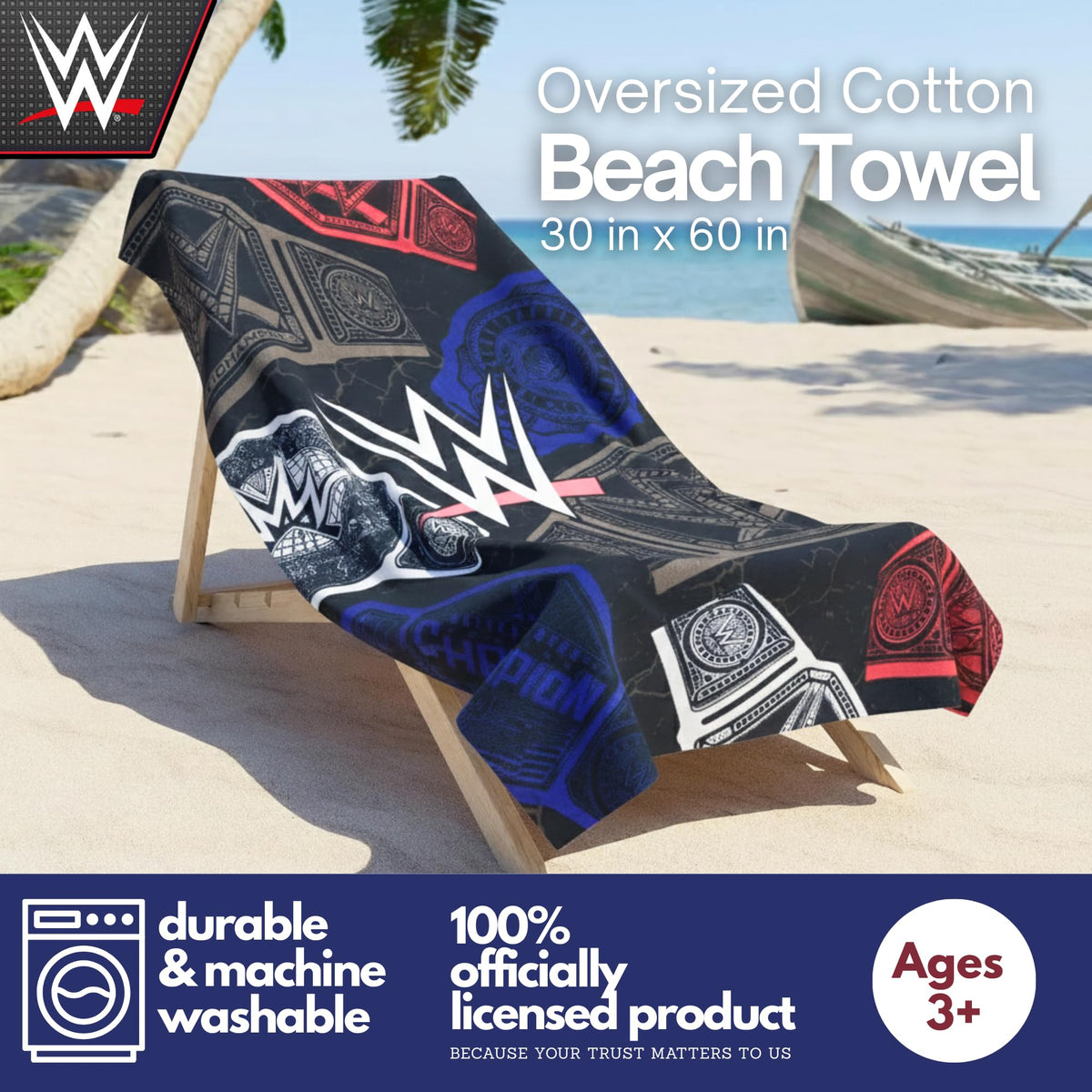 Franco WWE towel graphic close-up shows bright colors and softness.