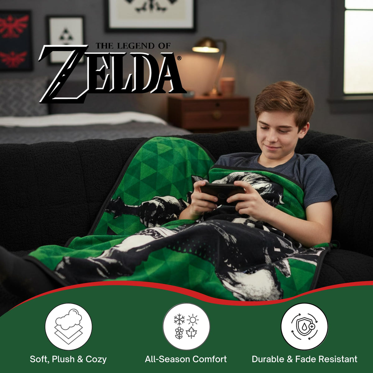 Franco Zelda hero Link soft plush throw, comforting for lounging and naps.
