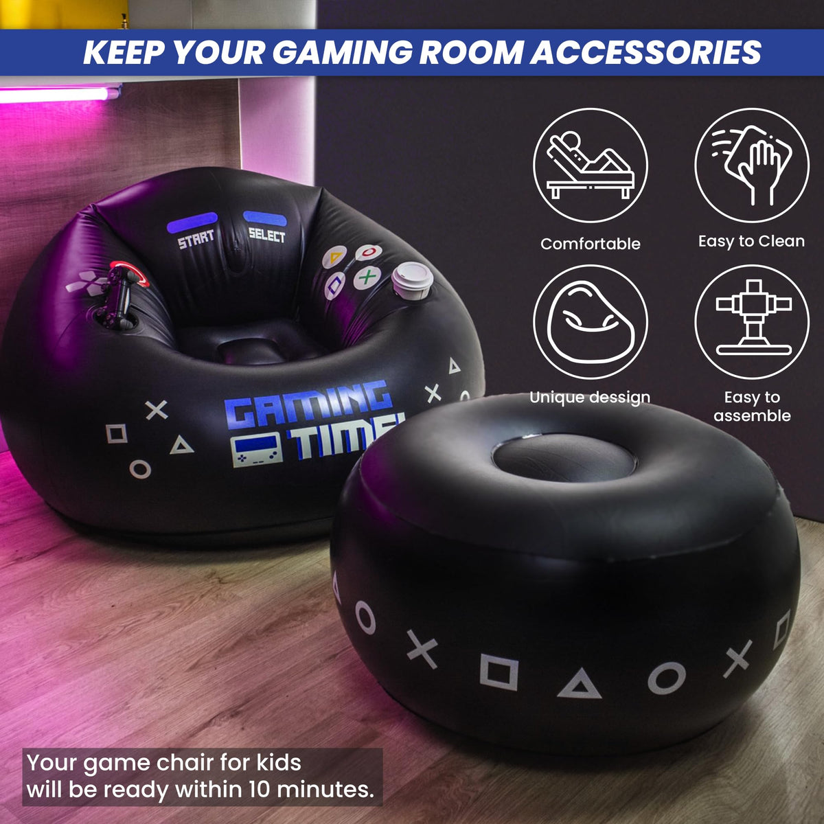 FranFusion inflatable gaming chair with side pocket keeps accessories within reach.