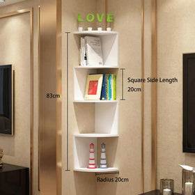 FRAWENLECO corner shelf neatly displays books and decor items.