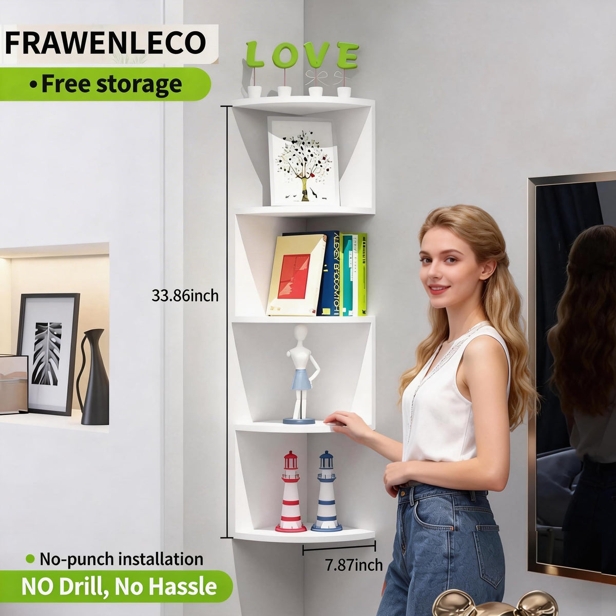 FRAWENLECO five-tier corner shelf maximizes vertical storage without floor clutter.