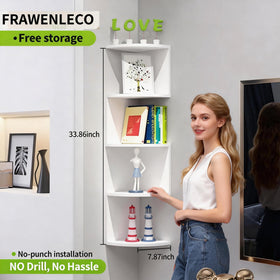 FRAWENLECO five-tier corner shelf maximizes vertical storage without floor clutter.