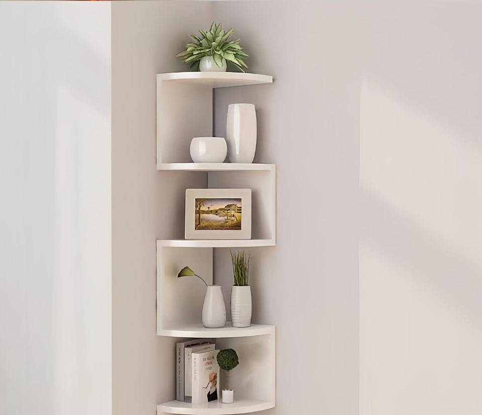 FRAWENLECO no-drill corner shelf with adhesive hooks for damage-free mounting.