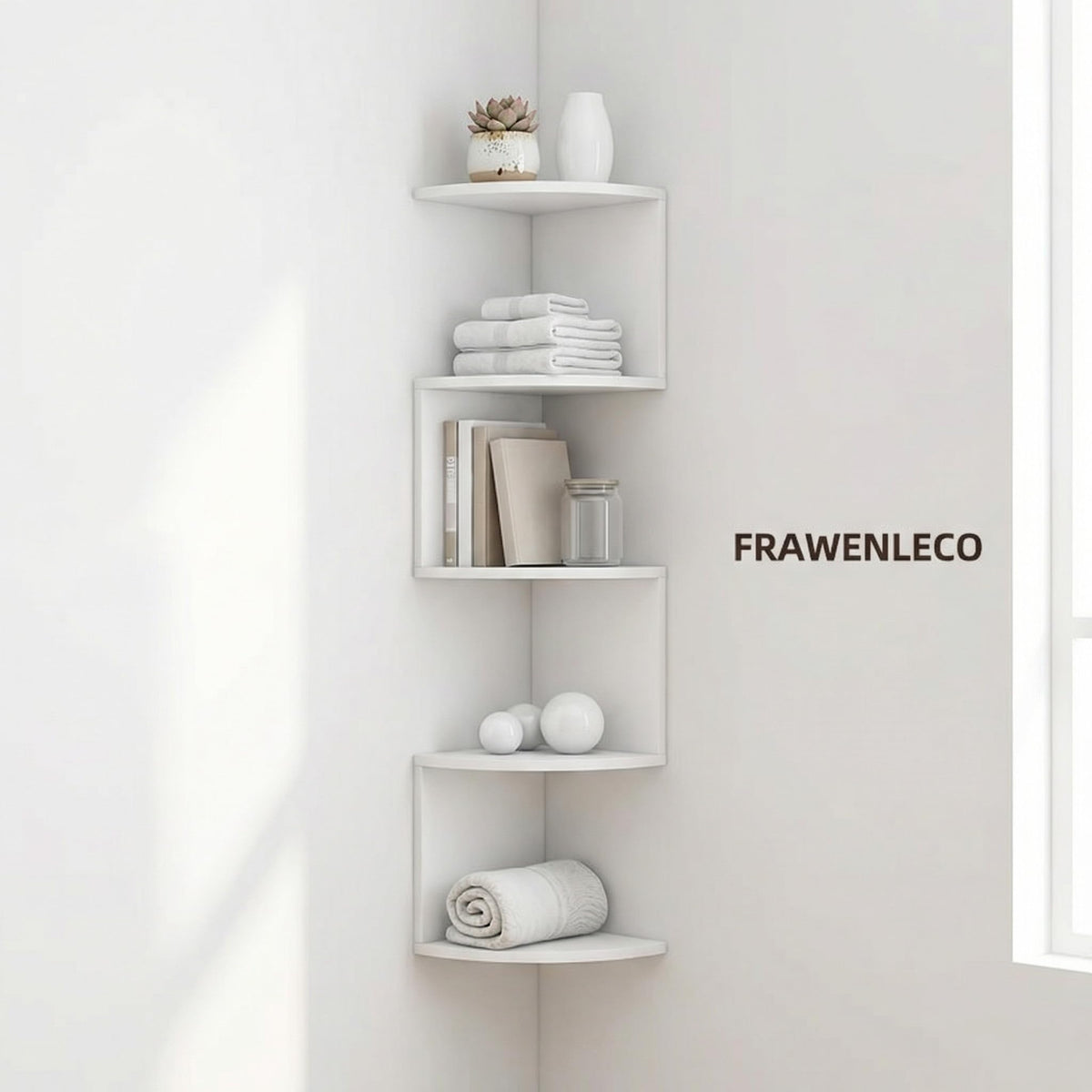 FRAWENLECO space-saving corner shelf measures 7.9in deep, 7.9in wide, 31.5in tall.