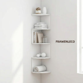 FRAWENLECO space-saving corner shelf measures 7.9in deep, 7.9in wide, 31.5in tall.