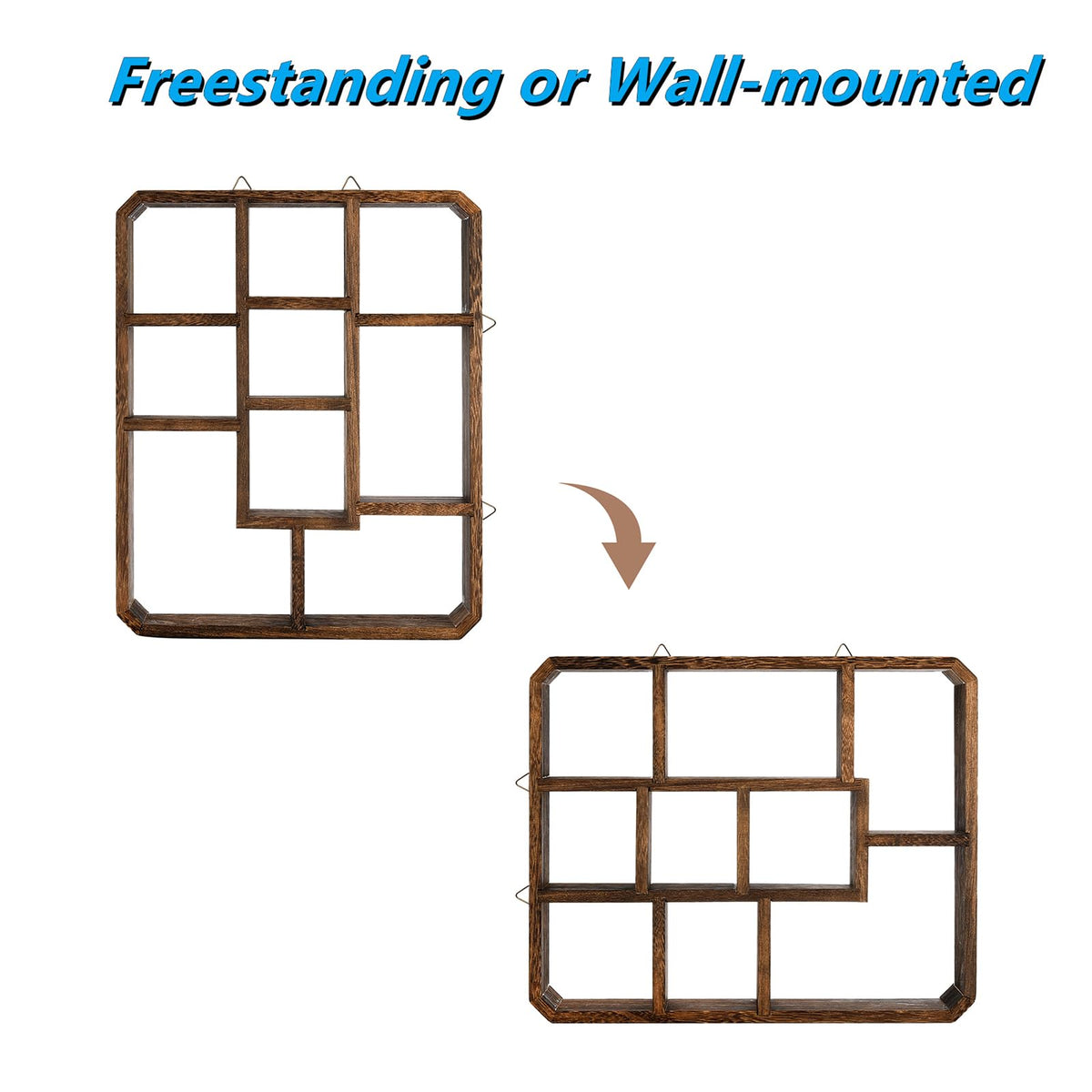 Frcctre multi-slot wood shelf supports varied item sizes with creative layouts