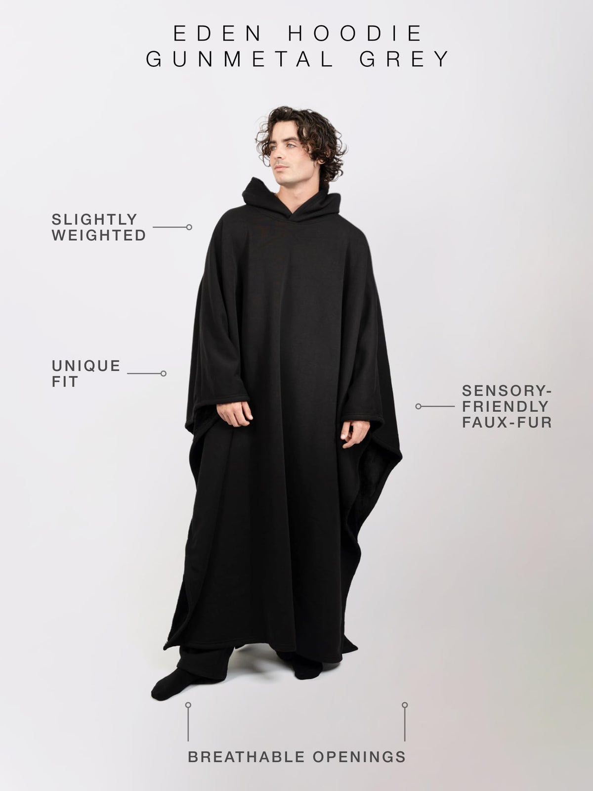 Free The Sheep Eden Hoodie obsidian side view displays relaxed silhouette for daily use.