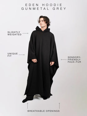 Free The Sheep Eden Hoodie obsidian side view displays relaxed silhouette for daily use.