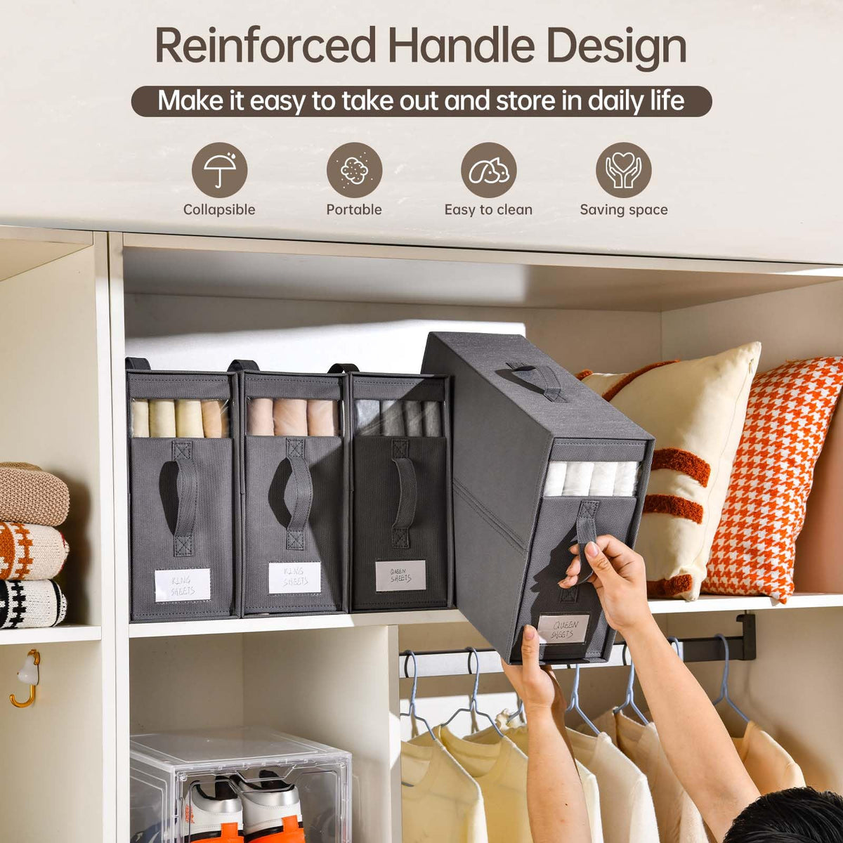 Freebat stackable storage saves shelf space in closets.