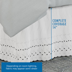 Queen bed skirt with 14-inch drop hides box springs and under-bed clutter.