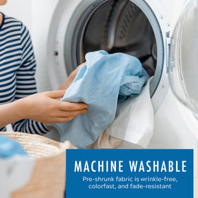 Durable polyester microfiber is pre-shrunk for stable fit after washes.