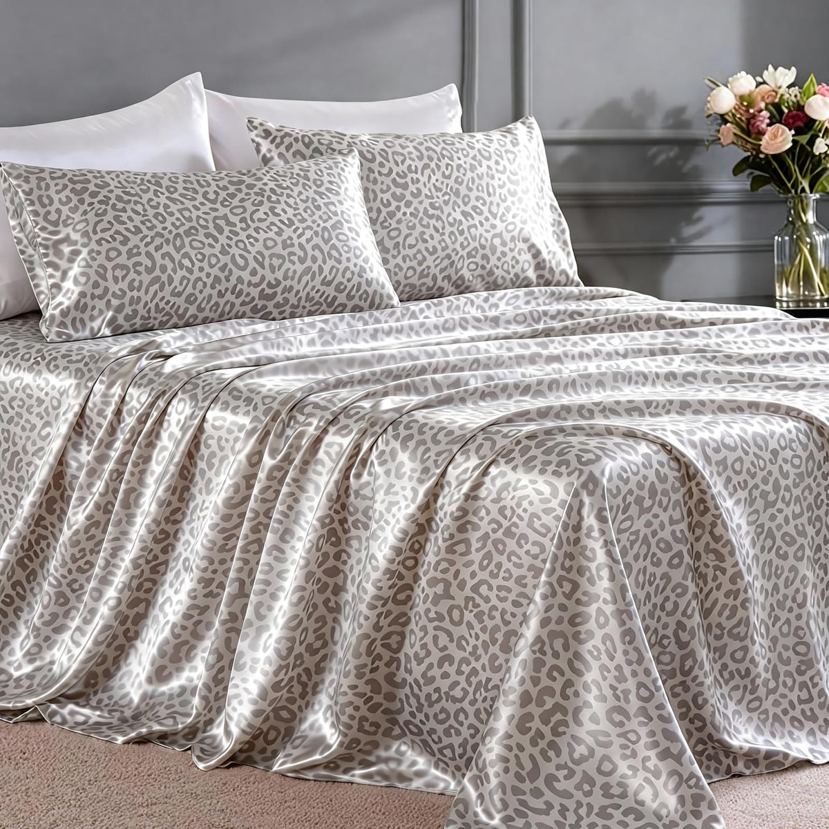 FreshCulture leopard satin sheets set on bed for luxurious comfort.