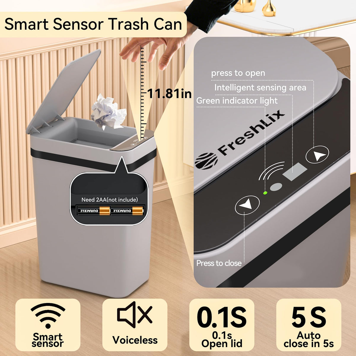 FRESHLIX lid sensor activates instantly for hands-free hygiene and convenience.