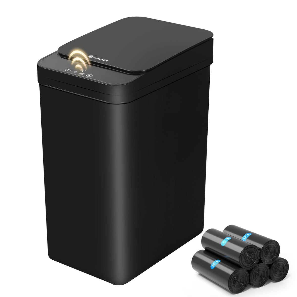 FRESHLIX bathroom trash can with motion sensor for touchless disposal.