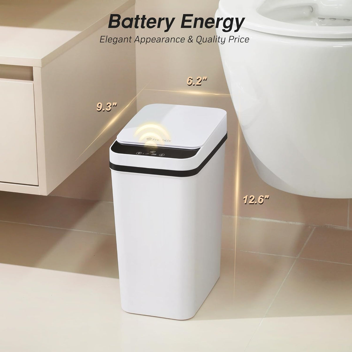 FRESHLIX compact 2.6 gallon trash can fits narrow spaces.