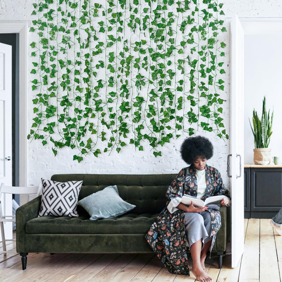 Freyalife ivy vines indoor living room backdrop enhances ambiance.